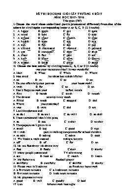 Đề thi chọn học sinh giỏi cấp trường môn Tiếng anh lớp 7 - Năm học 2015-2016